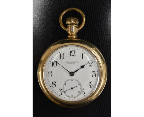 An American gold plated open face pocket watch, Porte & Markle, Winnipeg, white enamel dial, Arabic numerals, minute track, s