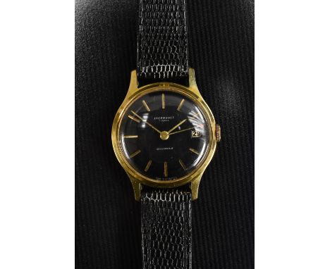 Ingersoll - a vintage Trendsetter gold plated wristwatch, black dial, gilt block batons, centre seconds, date aperture, manua