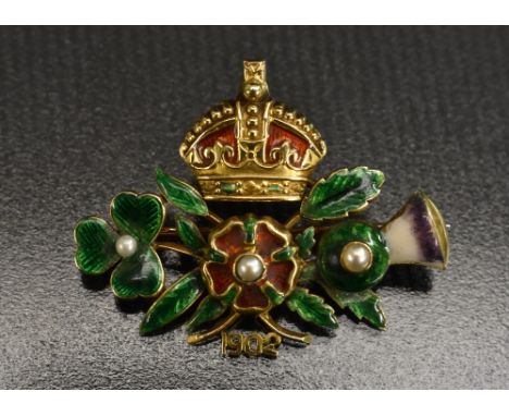A yellow metal and enamel coronation brooch, Edward VII and Queen Alexandra, August 9th 1902, unmarked body, with gold pin st