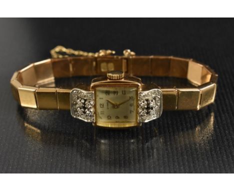 Cyma - a vintage lady's diamond set cocktail watch, square dial, Arabic numerals, gilt hands, 18ct yellow gold case, flanked 