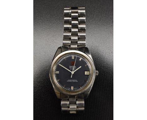 Omega  - an electronic F300, officially certified chronometer wrist watch, 198.001, steel case, blue grey dial, raised block 