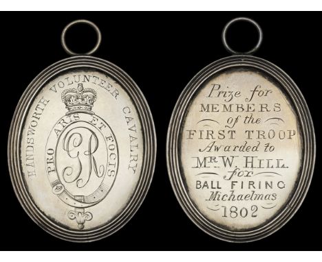 Handsworth Volunteer Cavalry 1802 oval silver medal, 58 x 44mm, obverse with ‘GR’ within a crowned garter, engraved above ‘Ha