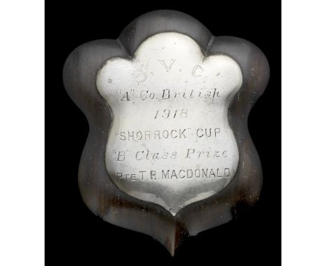 Shanghai Volunteer Corps, Shorrock Cup shield 1918, silver plaque on shield, engraved 'S.V.C. 'A' Co. British 1918 Shorrock C