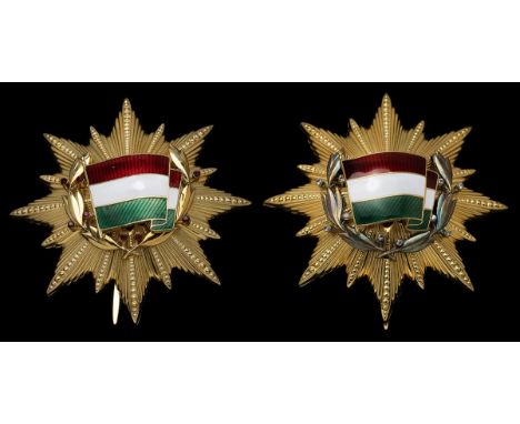Hungary, People's Republic, Order of the Flag of the People's Republic of Hungary, breast Star (2), 82mm, one with silver wre