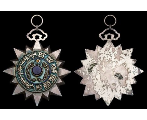 China, Imperial, Order of the Double Dragon, sash Badge, 66mm, silver and enamel, central stone replaced with carved blue cab