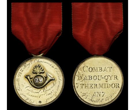 A possibly unique French medal for the Battle of Abukir, 25 July 1799 to the 22nd Regiment Chasseurs à Cheval, silver-gilt, 4