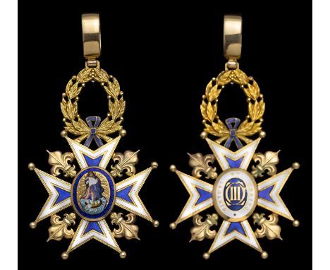 Spain, Kingdom, Order of Charles III, neck Badge, 62mm including wreath suspension x 41mm, gold, silver-gilt and enamel, with
