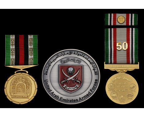 United Arab Emirates, Armed Forces HQ Land Forces Medallion, in its Sofia Trading case of issue; Shaikh Zayed Brigade Golden 