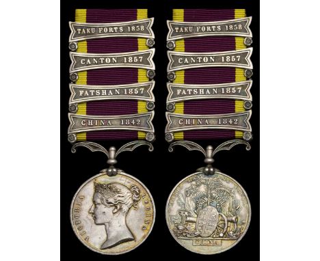 China 1856-60, 4 clasps, China 1842, Fatshan 1857, Canton 1857, Taku Forts 1858 (11 Co. Willm. Goss. R.M.), contemporarily en