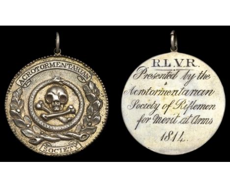 Acrotormentarian Society of Riflemen Medal 1814, plated bronze and white metal, 45mm, skull and cross bones surrounded by a s