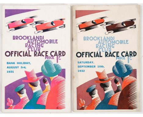 Brooklands Automobile Racing Club Official Race Cards:, one for Bank Holiday, August 3rd 1931, the other for Saturday, Septem