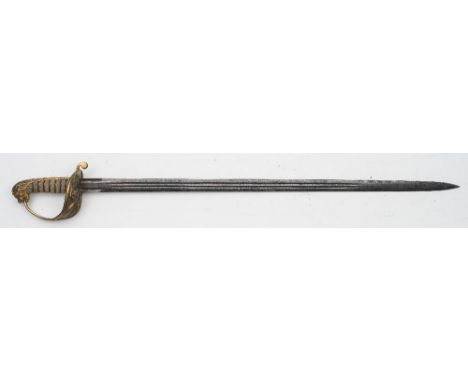 A Victorian Royal Navy Officer's Claymore bladed sword by R German,Devonport:, the straight double edged blade with double fu