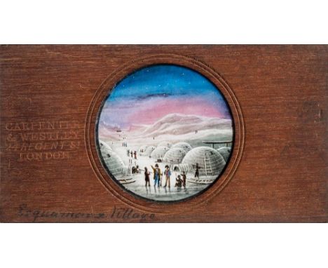 Carpenter &amp; Westley, London. Two hand painted magic lantern slides 'Esquamaux Village' and 'Water Spout':, the latter a s