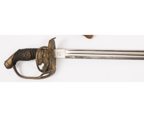 A Prussian  M1889 pattern sword by W K & C:, the straight single edge blade with double fuller, stamped to ricasso as per tit
