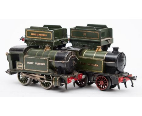 Two Hornby  O gauge GWR green 0-4-0 tank locomotives and tenders:, No 5500 and No 6600. 