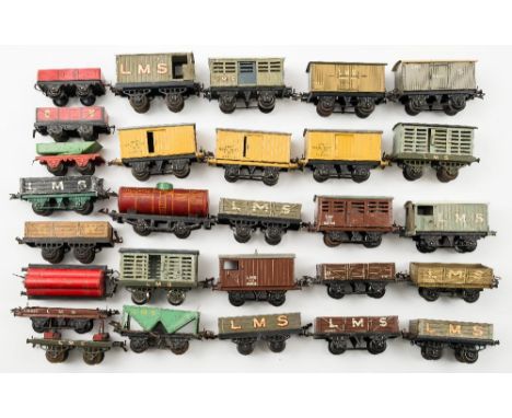 Hornby O gauge a group of goods wagons:,   including a lumber wagon, LMS green hopper, LMS meat van and others (a lot) (some 