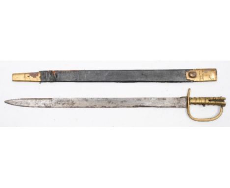 A 19th century pioneer sword bayonet:, the straight single edge blade with false back over a brass hilt with single langet, q
