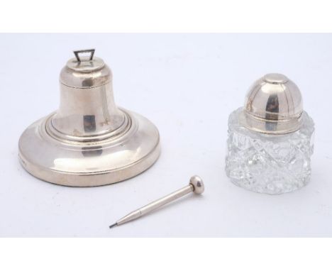 An Elizabeth II silver mounted and glass jockey cap inkwell, maker  Liste &amp; Wright Ltd, Birmingham 2002,:, the silver joc