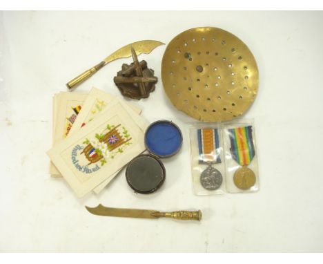 A WWI pair to GS-14703 Pte A W Aldridge R Fus':, together with fourteen WWI period silk postcards, two trench art letter open