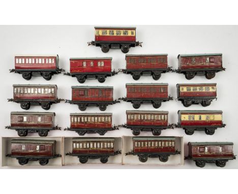 Hornby O gauge, a group of seventeen LM passenger coaches:, mainly 1st & 3rd and guards vans etc (17) (playworn and some repa