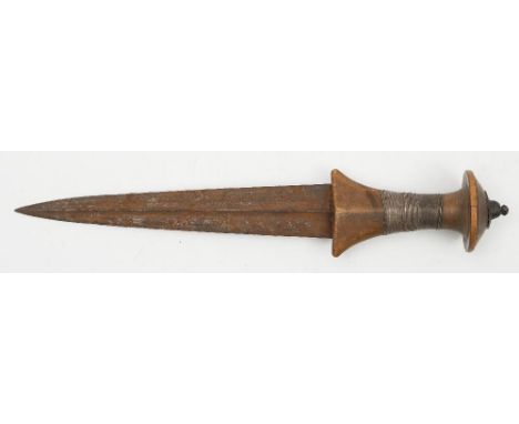A Sudanese dagger:, the double edged  triangular blade with central ridge over a one piece wooden grip with wire bound decora