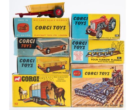 Corgi, A group  of farm and agricultural vehicles:, No 50 Massey Ferguson 65 Tractor, No 112 Rice's Beaufort Double Horse Box