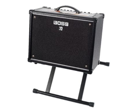 A Boss Katana 50  Combo amplifier:, 12 inch speaker, 50W output , built in effects, together with  an angled stand.