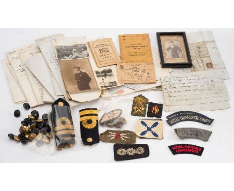 A collection of various military and Royal Navy button and shoulder badges:, including a pair of R.N. epaulettes, R.C.A.F. bu