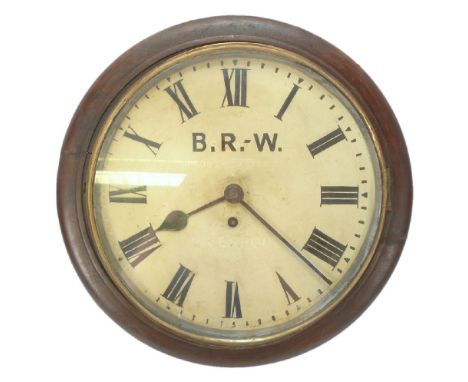 A BR (W) mahogany single fusee wall clock:, the white dial with Roman numerals painted 'B R-W' over makers mark 'J Sewill 61 