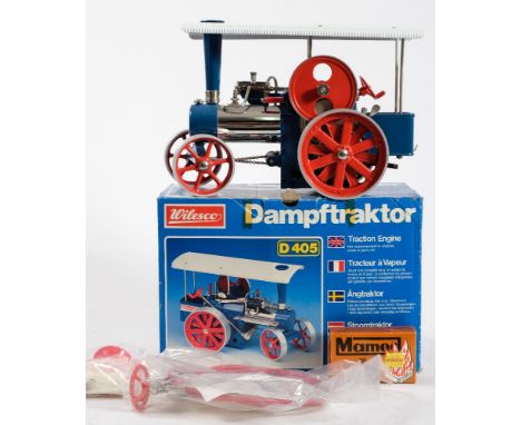 Wilesco (Germany) D405 live steam traction engine:, white roof, blue chassis and silver plated boiler, together with accessor