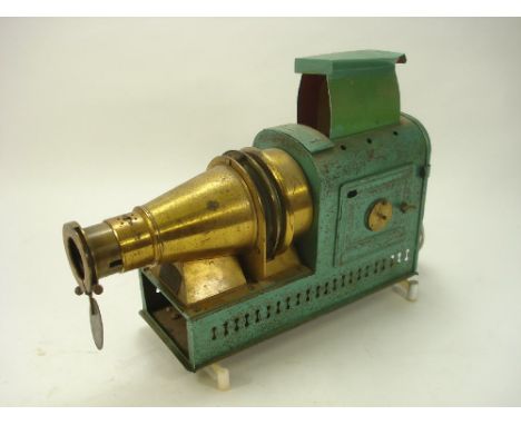 A late 19th/early 20th century  brass and tinplate magic lantern:, the body over painted green, with 6 inch focusing lens, la