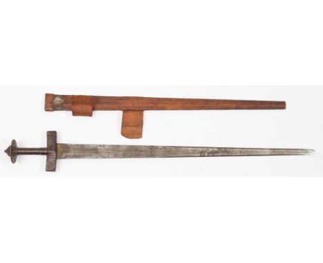 A North African Tuareg sword (Takuba):, the broad double edged blade with crescent stamps to each side, rectangular leather c
