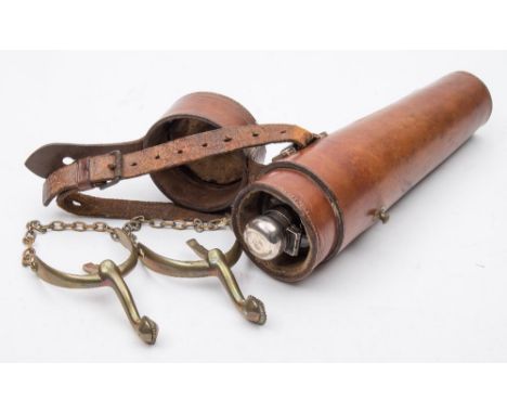 A silver mounted glass hunting flask in leather case, Birmingham, 1902,: together with a pair of gilt brass spurs.