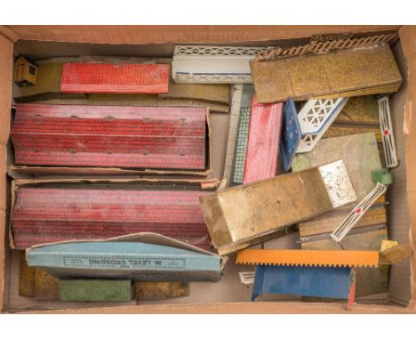 Brimtoy, Hornby and others, a group of O gauge tinplate stations and crossings etc.: (a lot)