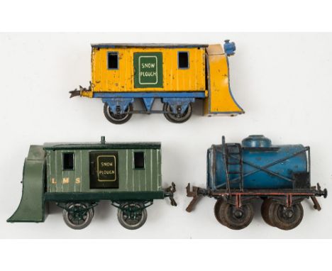 A Hornby O gauge late issue Snow plough:, in yellow with blue roof, together with an LMS green version (restored) and a Bing 