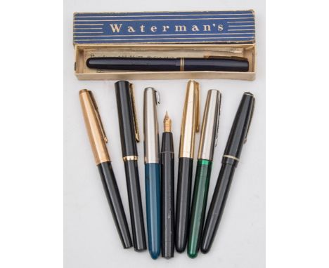 A collection of fountain pens:, including a Parker 61 with gold coloured cap, a Waterman's lever pen and others.