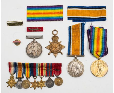 A WWI miniature group of seven:, 1914-15 Star, War Medal, Victory Medal, 1949-45 Star, Africa Star GRVI Coronation Medal and 