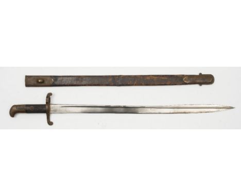 A British 1855 pattern sword bayonet:, the pipe backed blade with false top edge over a brass hilt with single quillon, two p