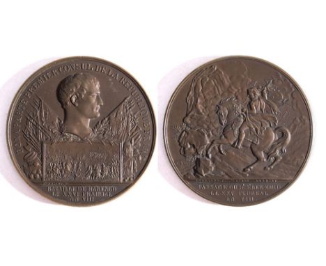 A French Battle of Marengo 1800 commemorative medallion by Bertrand Andrieu:, bust of Napoleon surrounded by various flags, c