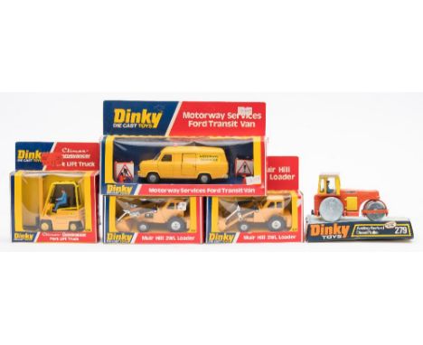 Dinky, a group of five commercial vehicles,: comprising two 437 Muir Hill 2WL Loader, 404 'Climax' Conveyancer Fork Lift Truc