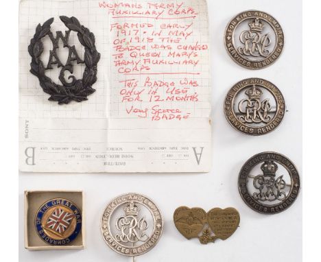 A WWII Woman's Army Auxiliary Corps cap badge: together with four GRV wound badges, an enamel 'Comrades of The Great War' bad