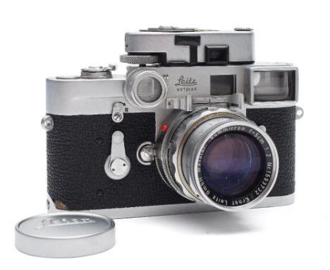A Leica M3 camera serial number 1088150 circa 1963:, black body with chrome fittings, mounted with a Weltar Summicron F5 1:2 