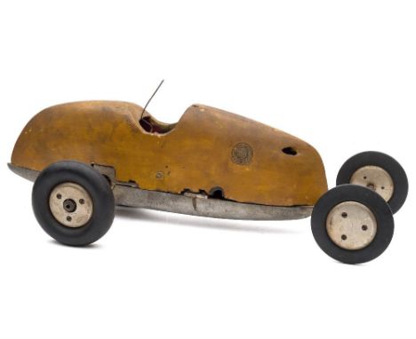 Derby Model Racing Club. A tethered racing car circa 1950s:, the  yellow painted wooden body with club transfer on an alumini