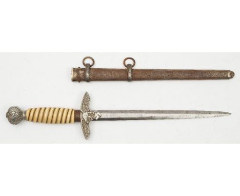 A Third Reich period Luftwaffe dagger:,the straight double edged blade over cast eagle and swastika hilt, wire bound white ce