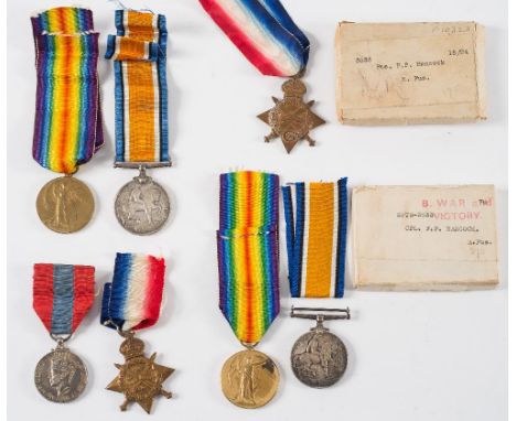 A WWI trio to 'SPTS-3033 Cpl F P Hancock R Fus', 1914-15 Star Victory Medal and a WWI group of four to '2513 Pte H Smallridge