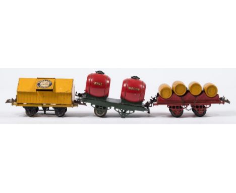 Hornby O gauge, a group of six goods wagons:, 'McAlpine & Sons' rotary tipping wagon and one other, hay wagon, wine wagon (on