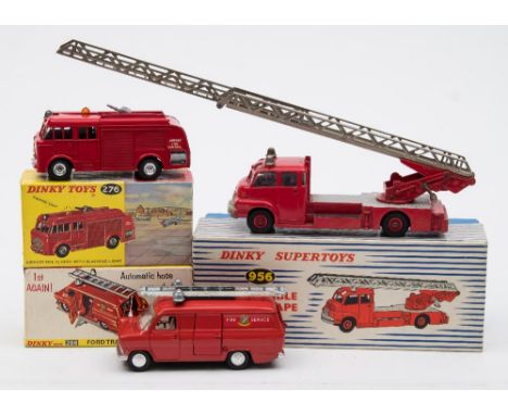 Dinky, a group of three emergency vehicles:, No 956 Turntable Fire Escape, with inner packing in a blue and white box, No 276