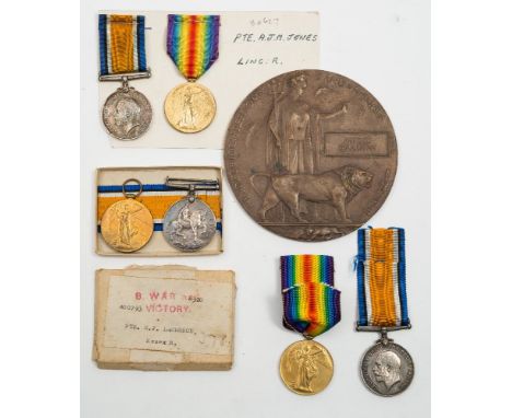 A WWI Death plaque to Patrick O'Sullivan and three WWI pairs:, '30627 Pte A J M Jones Linc R''400793 Pte E J Lawrence Essex R