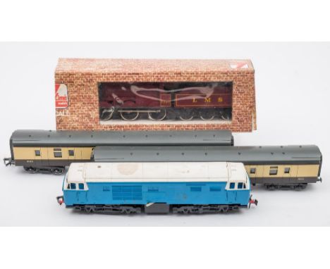 Lima O gauge 0-6-0 LMS maroon Class 4 F loco and tender No 4683:, (part box) together with two GWR cream and brown passenger 