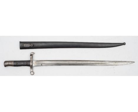 A Portugese 1886 pattern Guedes or 'Kropatschek' bayonet:, the single edge fullered blade  over hilt with quillon and muzzle 